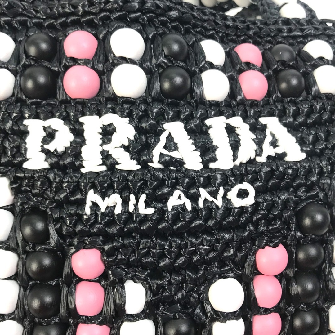プラダ PRADA ラフィア ウッドビーズ 1BG425 カバン ハンドバッグ トートバッグ ラフィア ブラック×ピンク×ホワイト 美品