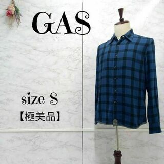 ガス(GAS)のKJ様　GAS コットン100 長袖 チェック シャツ ロゴ刺繍 青黒 S(シャツ)