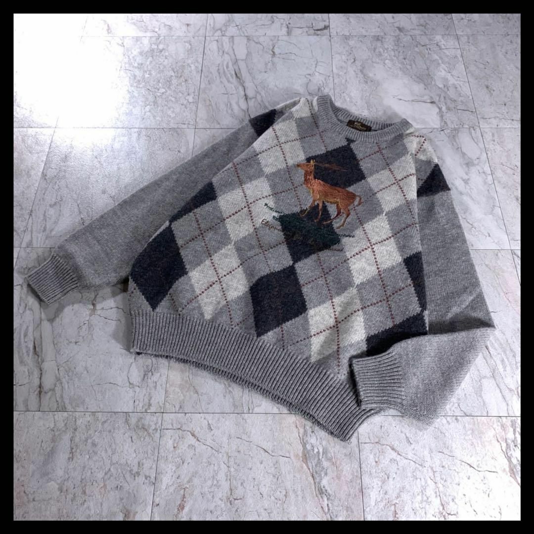 アーガイル ウール ニット セーター アニマル 動物 刺繍 グレー XL
