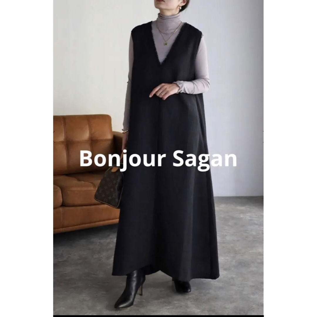 新品Bonjour Sagan ディープVネックツイードフレアワンピ　BLACK