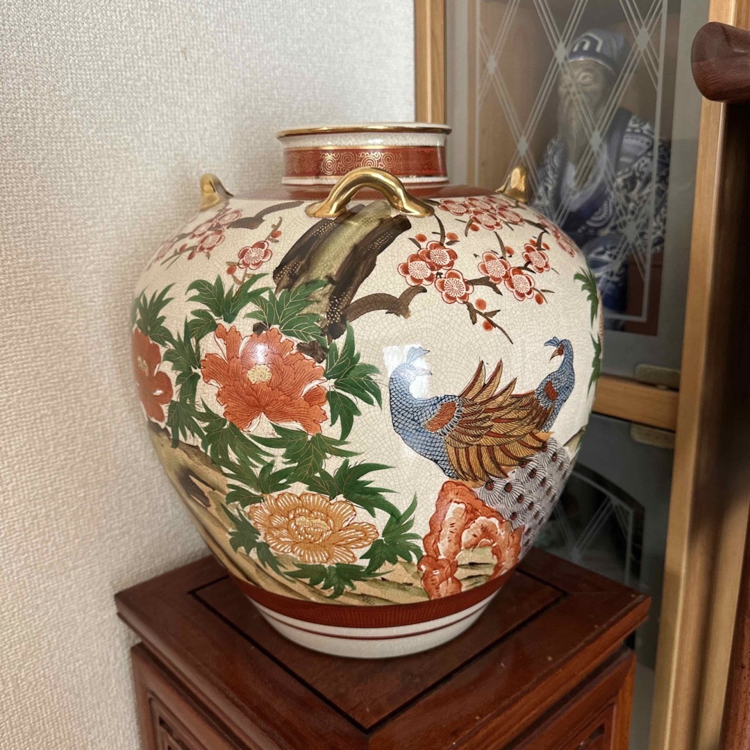 古薩摩焼飾壺 金襴手 双獅子耳 三つ足 沈香壷 - 工芸品 古薩摩焼飾壺 金襴手 双獅子耳 三つ足 沈香壷 - 工芸品