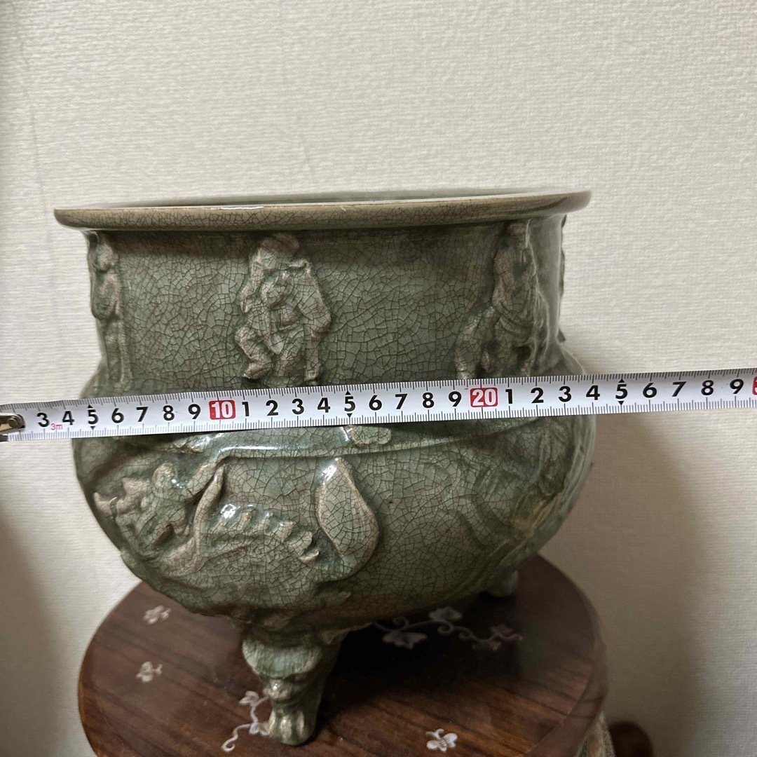 骨董品 古美術 中国美術 仏教美術 明時代 青磁 鬼面3足香炉 陽刻 麒麟