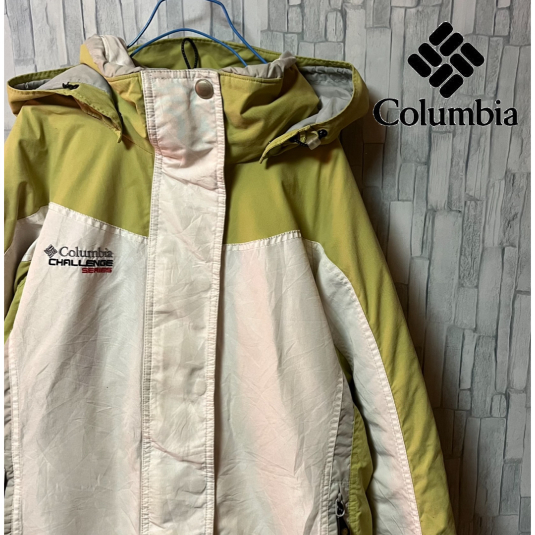 Columbia(コロンビア)のコロンビア ダウンジャケット フーディ ジップアップ 刺繍ロゴ 黄緑×白 レディースのジャケット/アウター(ダウンジャケット)の商品写真