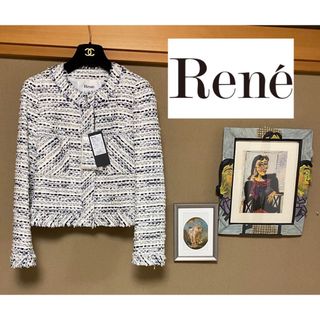 タグ付き☆Rene ツイードジャケット　ネイビー　TISSUE社製　ホワイト