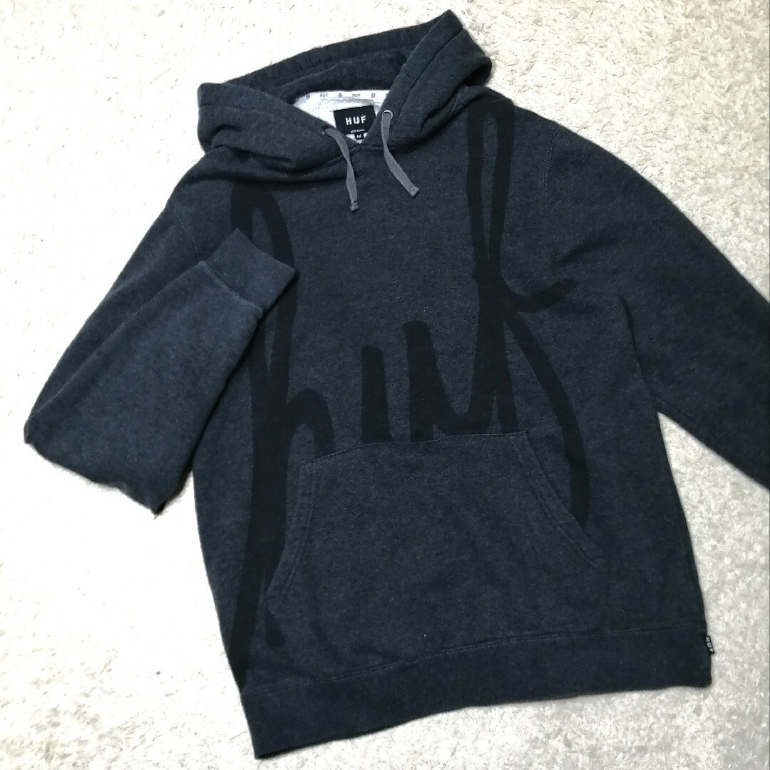 ■huf ハフ■ビッグロゴ パーカー プルオーバー 希少デザイン ダークグレー