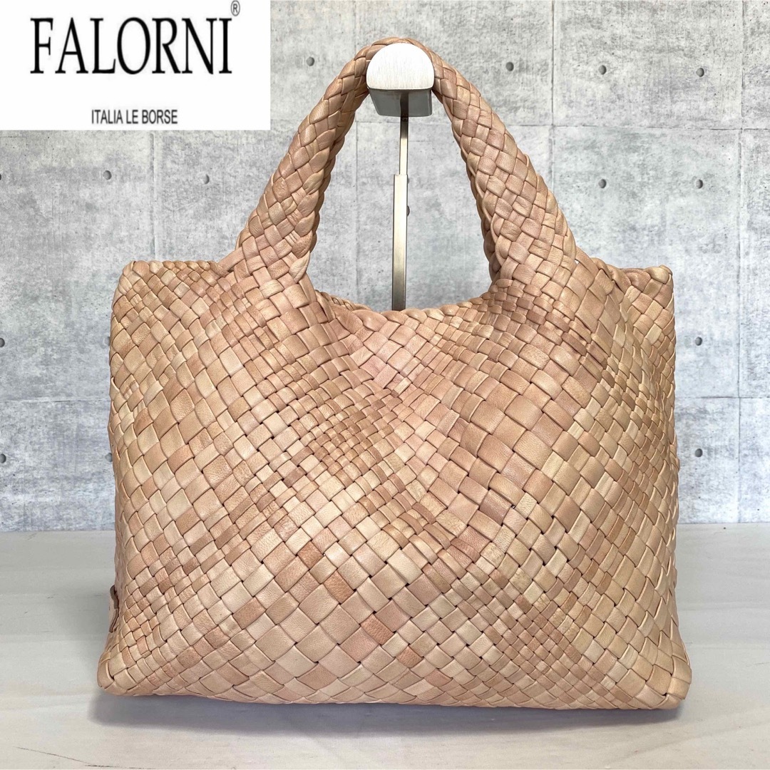 良品】FALORNI イントレチャート ピンクベージュ ラムレザーハンドバッグ-
