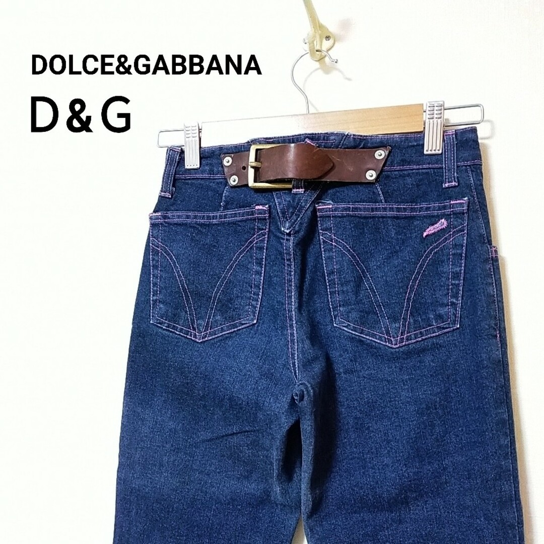 希少　D&Ｇ　バックベルトデニム　ピンクステッチ　Ｇパン　美脚効果　イタリア製