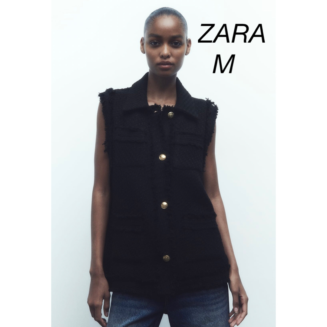 ZARA フリンジトリムテクスチャーベスト　ツイードジレ　ツイードパンツ