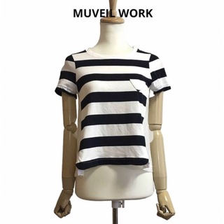 ミュベールワーク(MUVEIL WORK)のMUVEIL WORK ボーダー ハートパッチ 布帛ドッキングTシャツ(Tシャツ(半袖/袖なし))