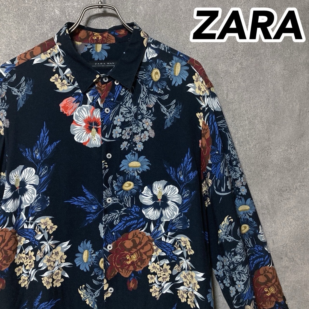 ZARA(ザラ)のZARA ザラ 総柄 花柄 ボタニカル柄 レーヨン シャツ 長袖 XL 韓国 メンズのトップス(シャツ)の商品写真