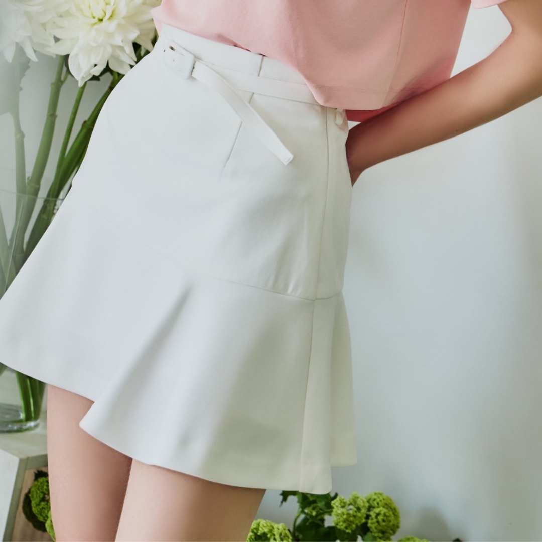 【Riu】Switching flare short skirt(White)