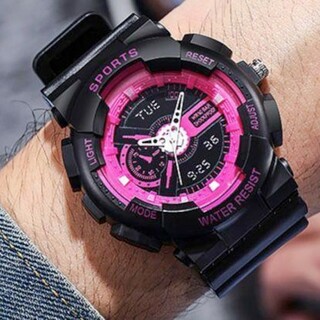 T279【デジタルダミー】アナログ腕時計  黒×ピンク(腕時計(デジタル))
