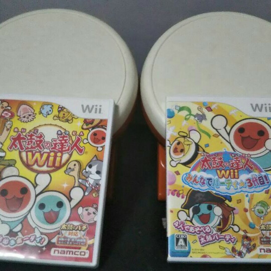 【動作OK】wii 太鼓の達人　太鼓＆バチ＆ソフト2枚セット