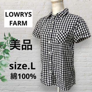 【美品】LOWRYSFARMローリーズファーム ギンガムチェック白黒半袖シャツL(シャツ/ブラウス(半袖/袖なし))