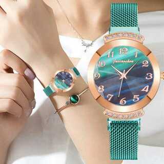 アラビア調 レディース腕時計 グリーン カジュアル ファッション(腕時計)