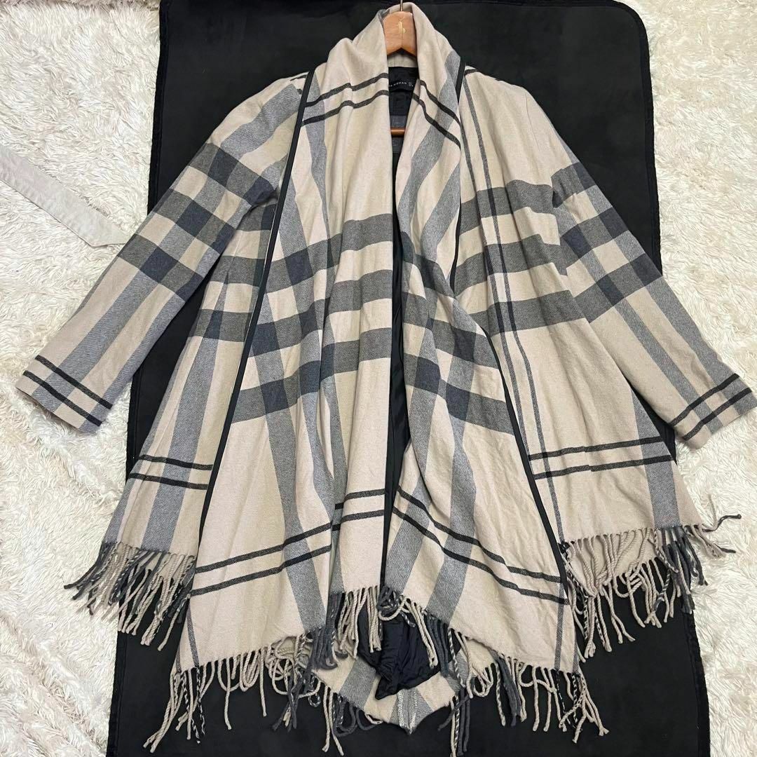 ○黒パイピング【ZARA】ショールコート*Lサイズ*フリンジ*ベージュ