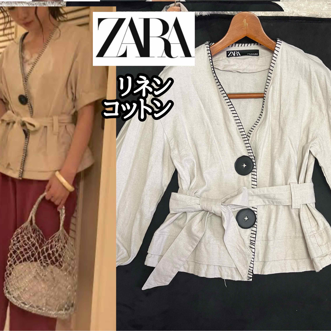 ZARA(ザラ)の金属デカボタン【ZARA】パイピングノーカラージャケット*ウエストリボン*リネン レディースのジャケット/アウター(ノーカラージャケット)の商品写真