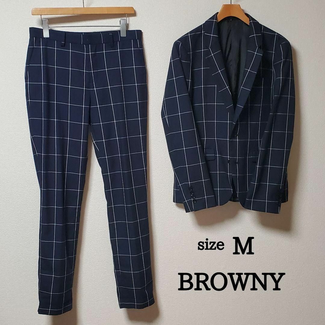 BROWNY　メンズ　スーツ　セットアップ　ネイビー　チェック　M