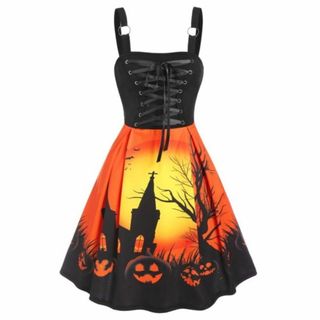 新品大きいサイズL 3L4L可愛いパンプキン柄ハロウィンドレスワンピース(ミニワンピース)