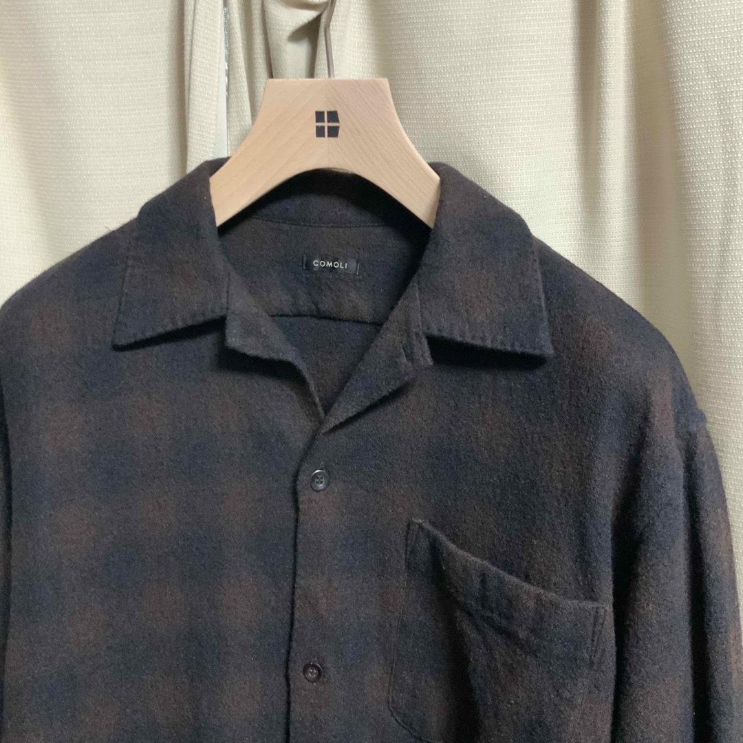 COMOLI ウールチェック オープンカラーシャツ サイズ2 美品