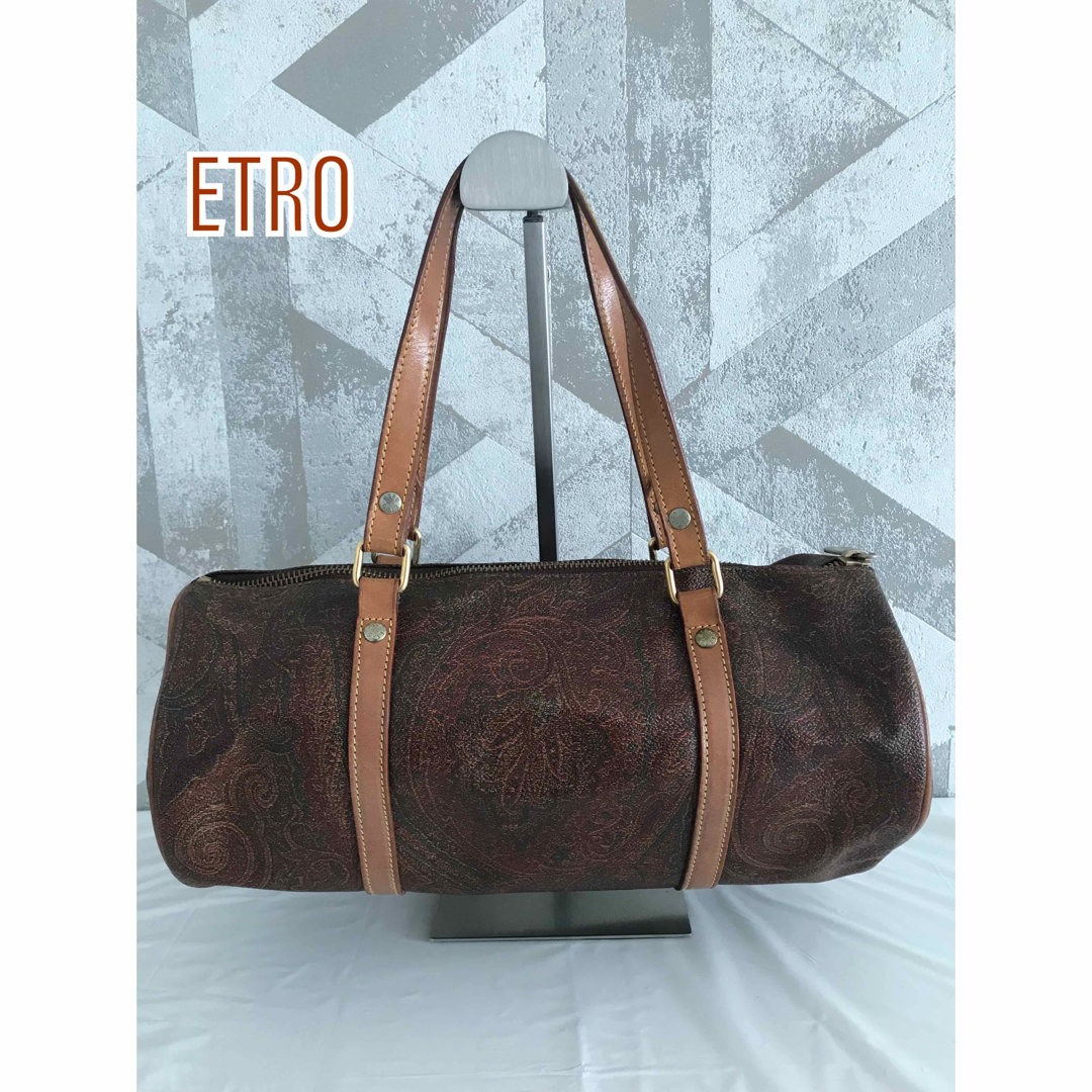 良品】ETRO エトロ PVC×レザー ペイズリー柄 円筒型 ハンドバッグ-