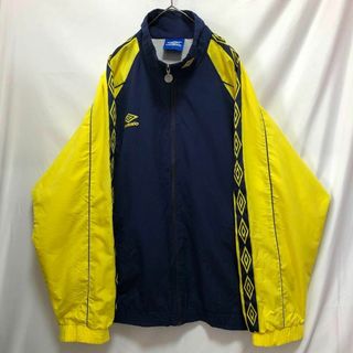 90s 00s UMBRO バイカラー 袖ロゴ ナイロンジャケット 黒灰青2XL