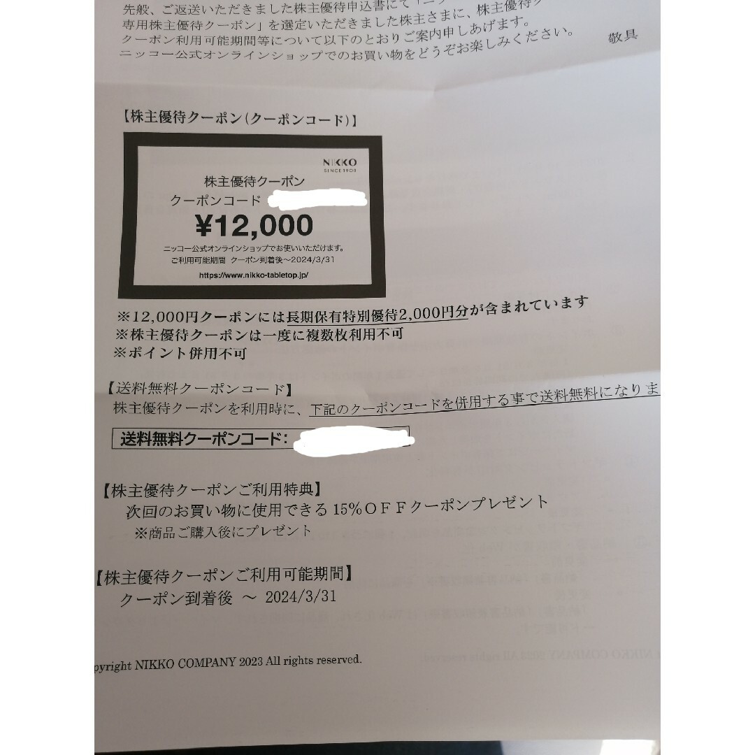 ニッコー株主優待12000円分チケット