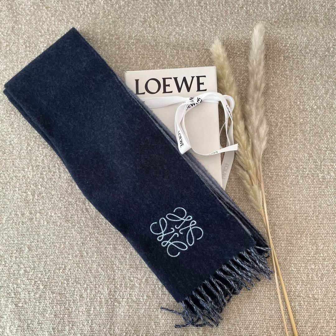 10,560円美品✨LOEWE ロエベ　アナグラムマフラー　ウール　カシミヤ　ネイビー