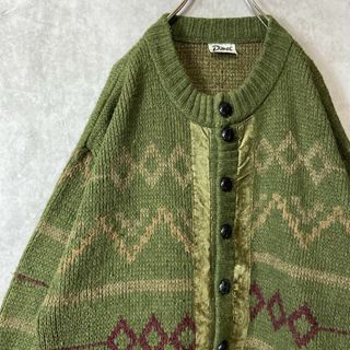 デザイン抜群、ウールカーディガン◎】vintage 90s 一点もの古着緑の