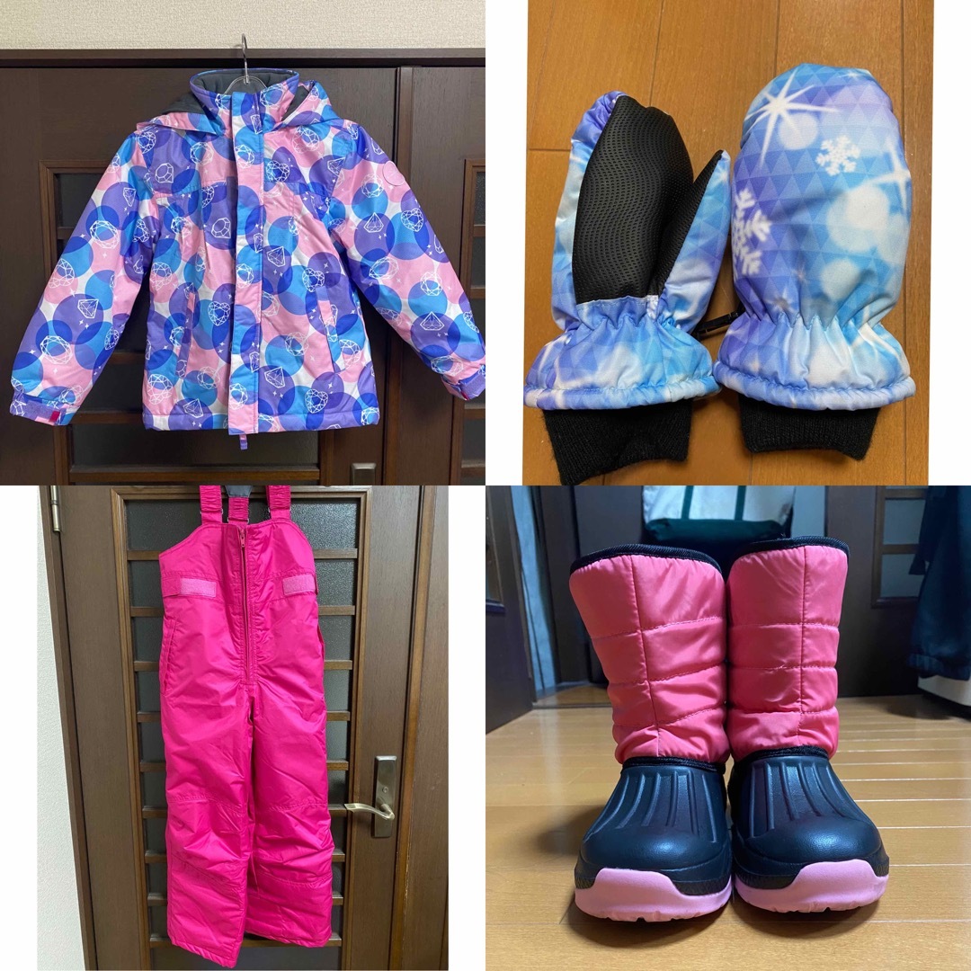 美品_130cm女子キッズ用_スキーウェア上下_手袋_アンダーウェア上下_ブーツ