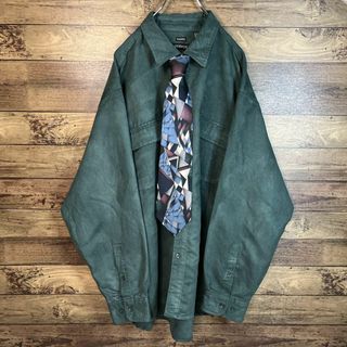 6735古着【ネクタイシャツ】スウェードシャツ 長袖 無地 2XL グリーン系