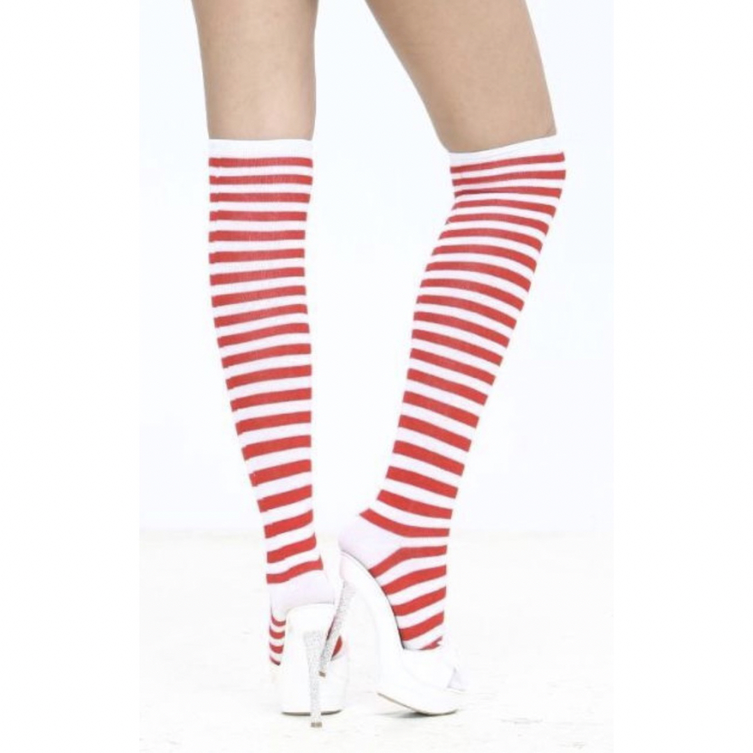 【2足セット】ボーダーソックス ❤️ニーハイ×赤×白 レディースのレッグウェア(ソックス)の商品写真