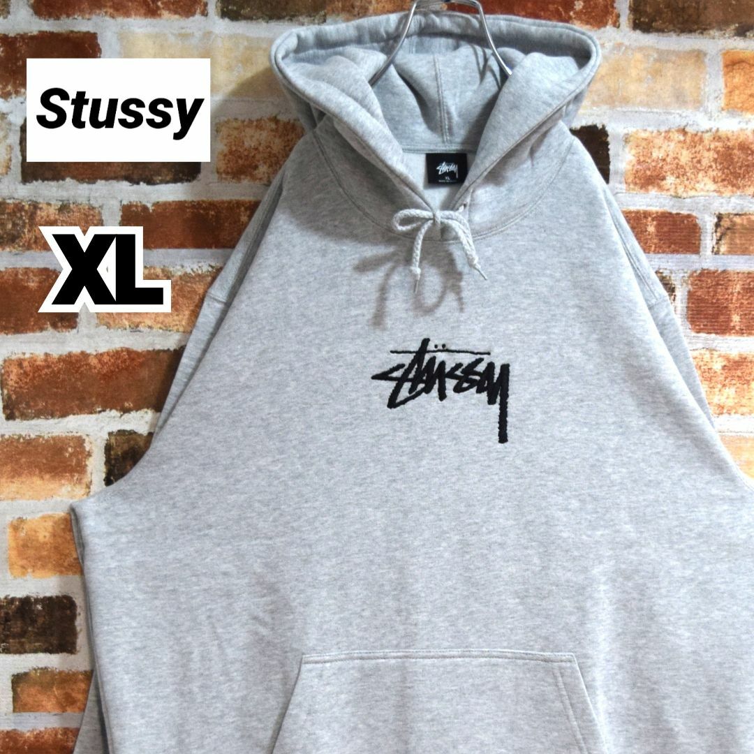 stussy ストゥーシー　花柄　パーカー　刺繍ロゴ　グレー