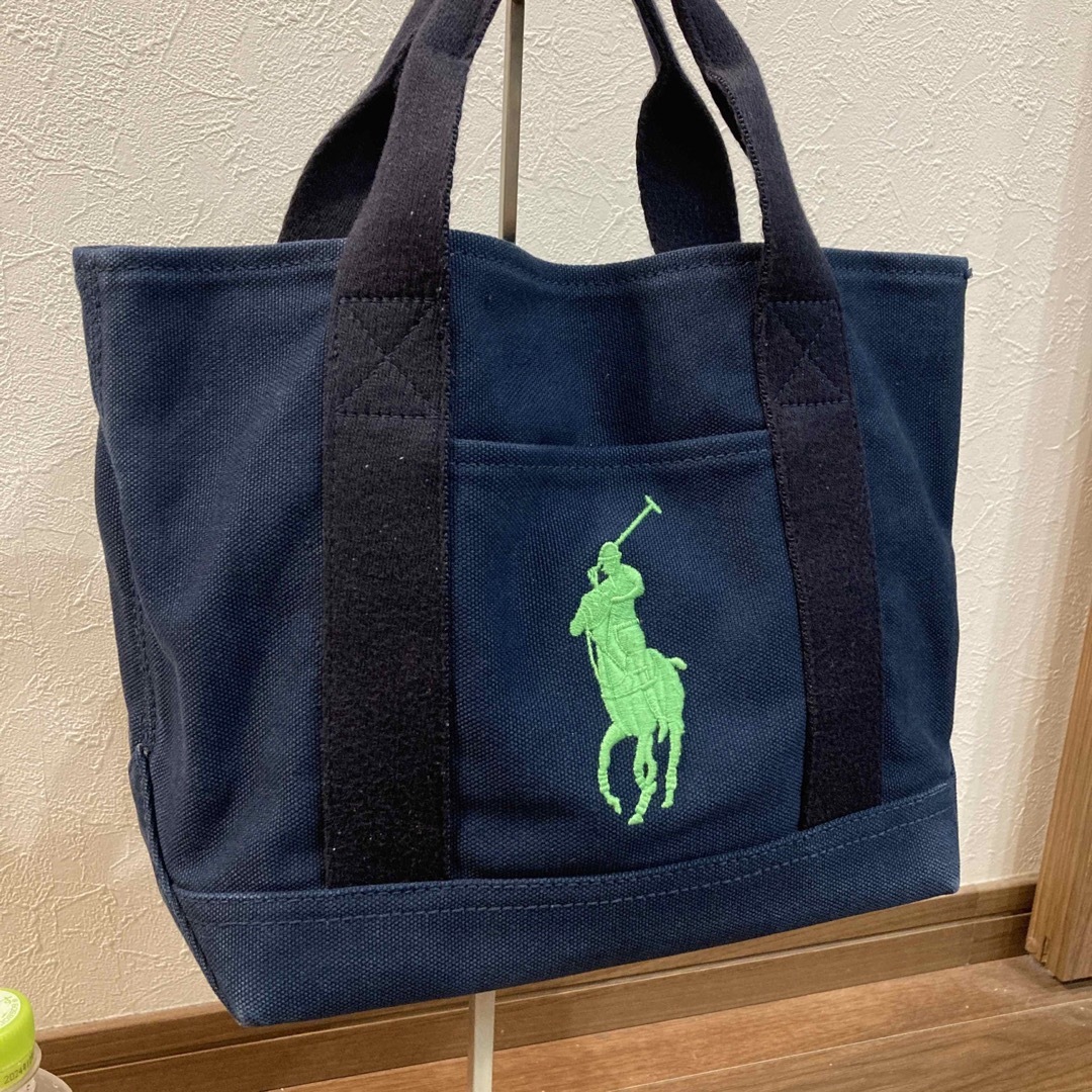 【美品】POLO ラルフローレン 帆布 キャンパス トートバッグ 刺繍ロゴ 濃紺