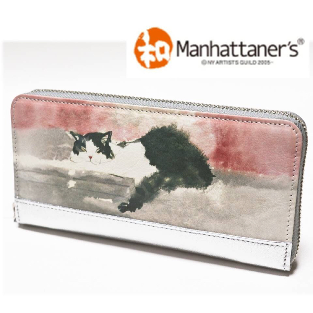 《和マンハッタナーズ》新品 可愛いネコちゃん レザーラウンドファスナー式長財布