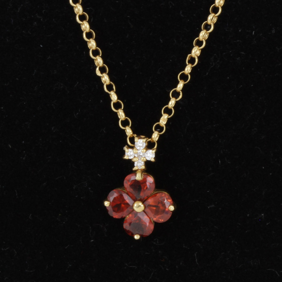 美品『USED』 K18 赤石 フラワー ネックレス ダイヤモンド 0.05ct 2.0g【中古】