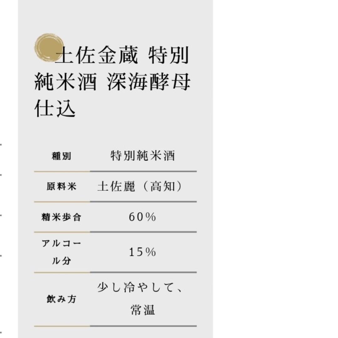 高木酒造(タカギシュゾウ)のお酒 土佐金蔵 特別純米酒 食品/飲料/酒の酒(日本酒)の商品写真