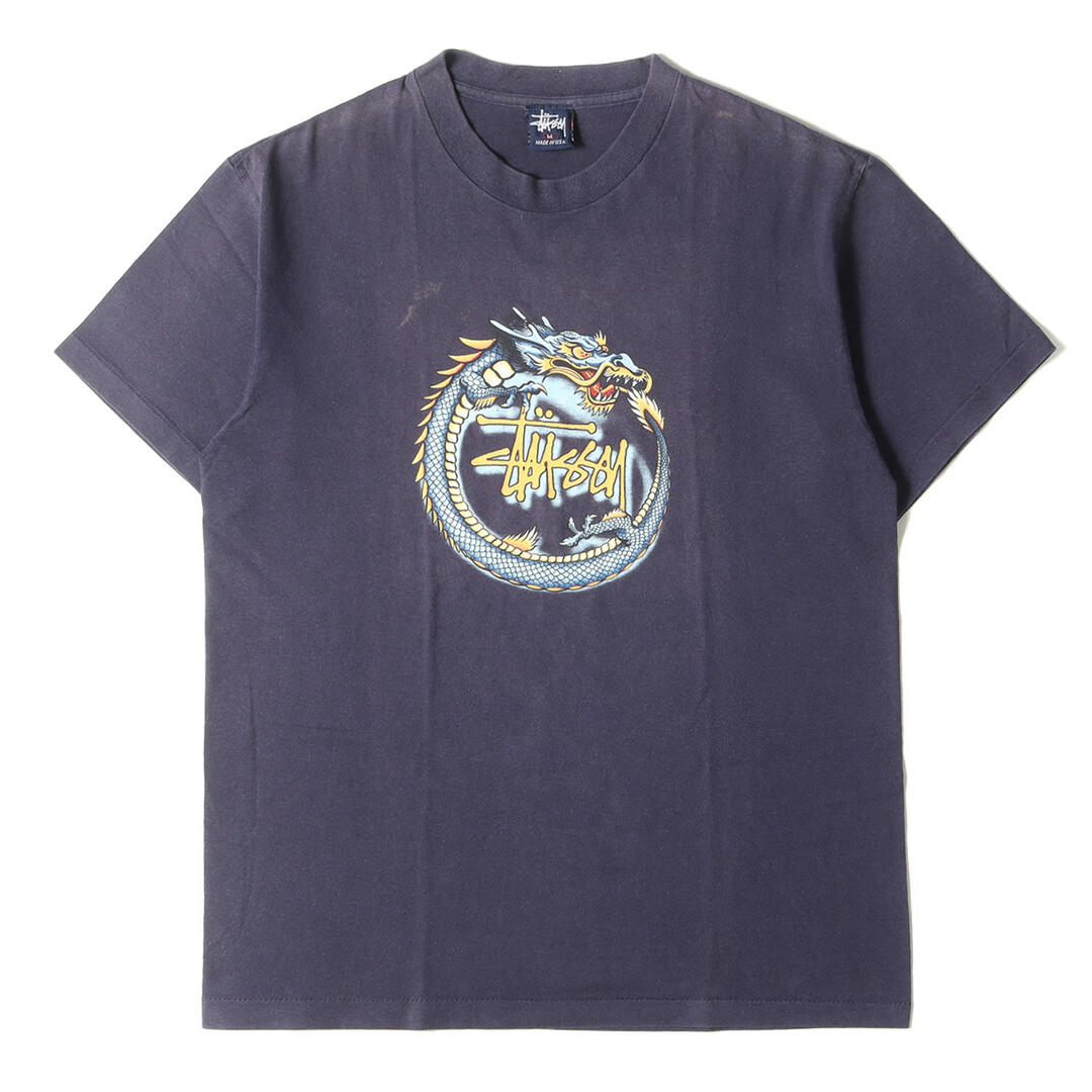 STUSSY ステューシー Tシャツ サイズ:M 90s OLD STUSSY オールドステューシー 紺タグ ドラゴン クルーネック 半袖 Tシャツ USA製 ネイビー 紺 トップス カットソー 90年代  【メンズ】