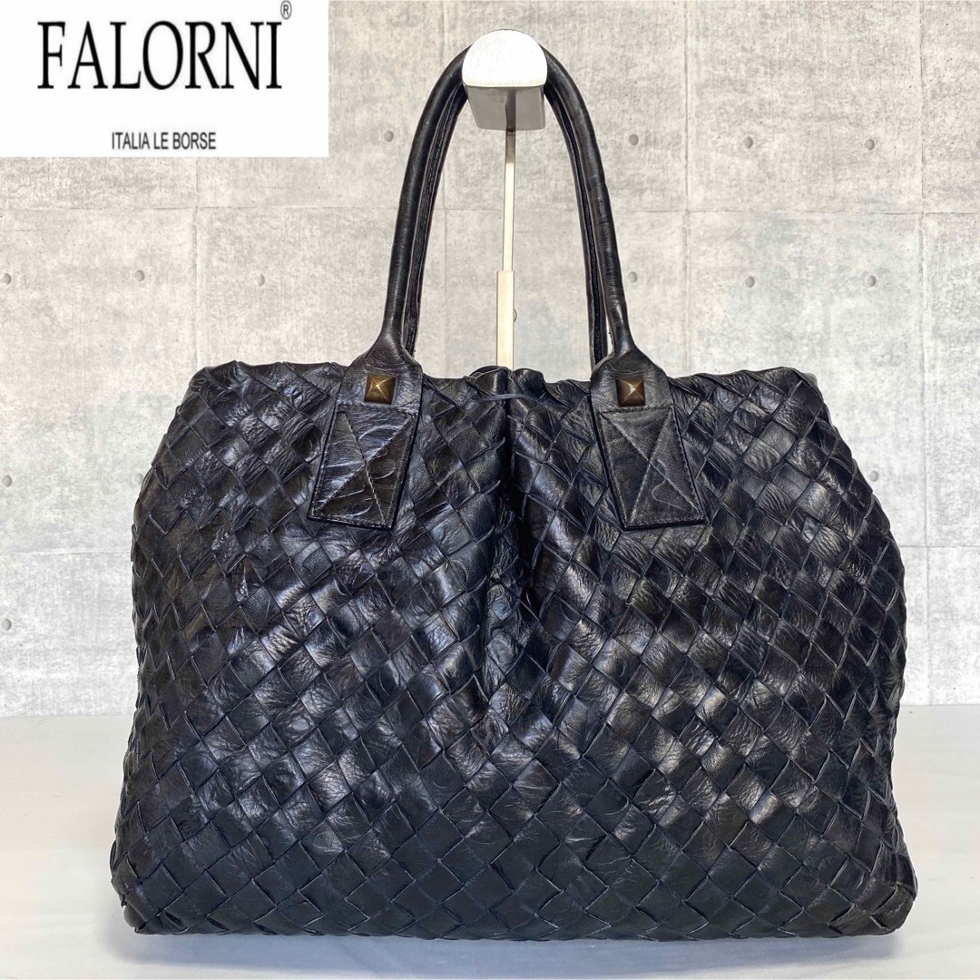 FALORNI】イントレチャート ラムレザー ブラック A4 トートバッグ-