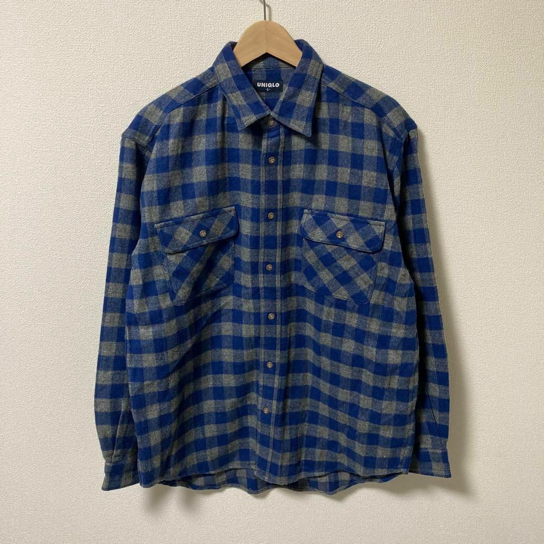 OLD UNIQLO ユニクロ　シャツ　チェック　古着　紺タグ　長袖　紺色　L | フリマアプリ ラクマ