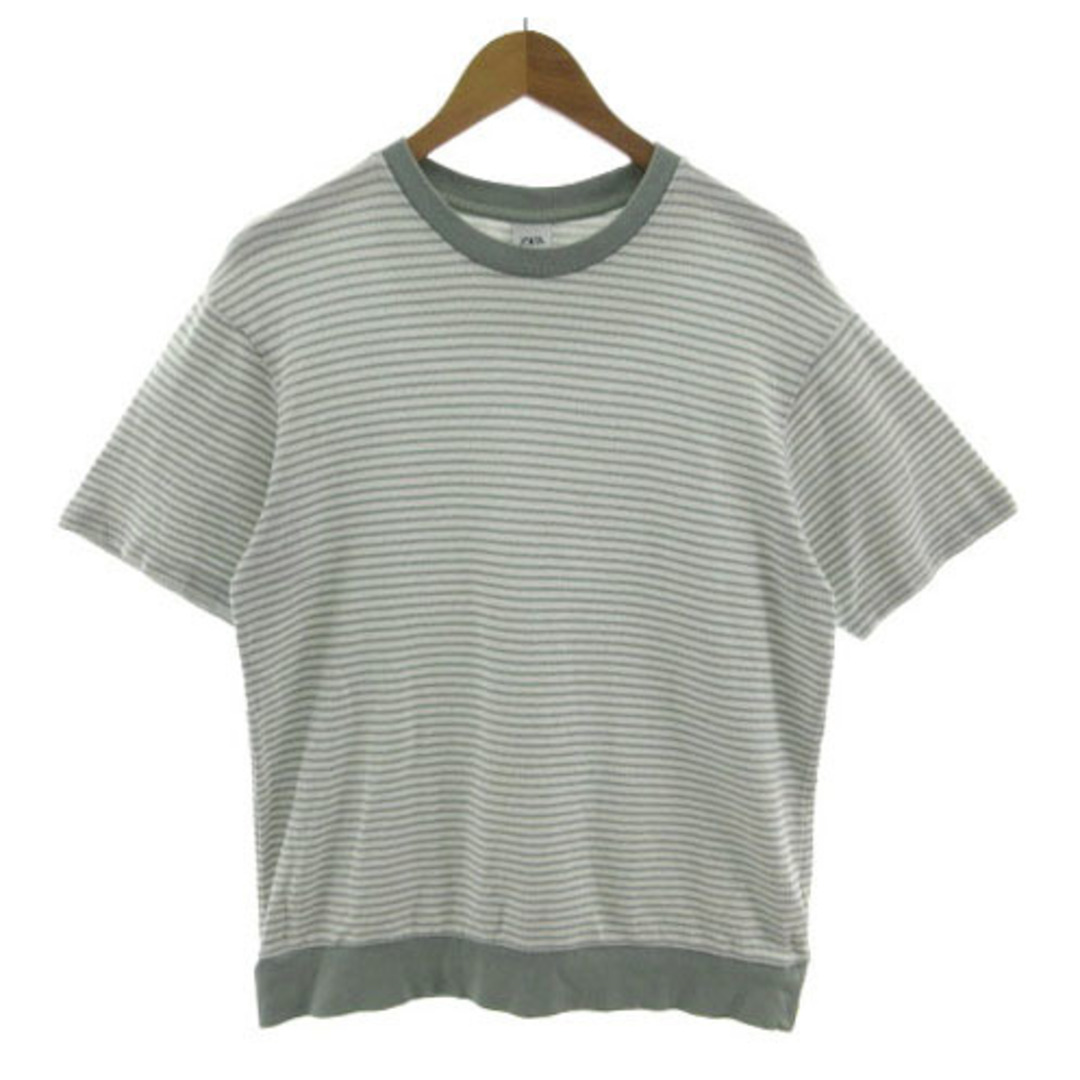 ZARA(ザラ)のZARA Tシャツ ニット 半袖 コットン ボーダー ホワイト 白 緑系 M メンズのトップス(Tシャツ/カットソー(半袖/袖なし))の商品写真