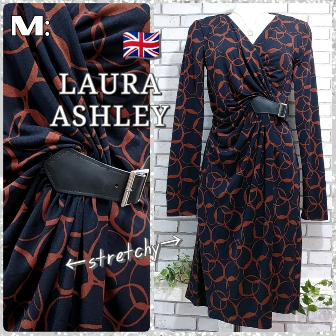 LAURA ASHLEY(ローラアシュレイ)のM：美品★ストレッチ ワンピース／ローラアシュレイ★ダークネイビー レディースのワンピース(ひざ丈ワンピース)の商品写真