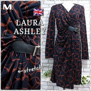 ローラアシュレイ(LAURA ASHLEY)のM：美品★ストレッチ ワンピース／ローラアシュレイ★ダークネイビー(ひざ丈ワンピース)