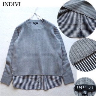INDIVI 裾シャツ地切り替えニット ウールリブニット× ストライプシャツ