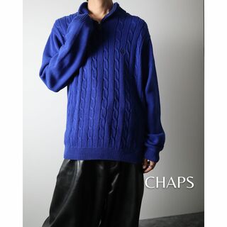 チャップス(CHAPS)の【CHAPS】ハーフジップ 刺繍ロゴ ケーブルニット コットンセーター 青  L(ニット/セーター)
