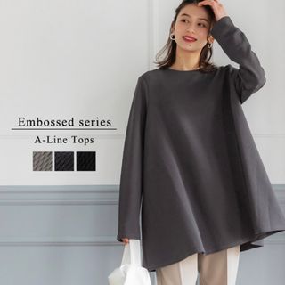 コカ(coca)のトップス レディース チュニック エンボス加工 長袖 Aライン 無地 クルーネッ(Tシャツ(半袖/袖なし))