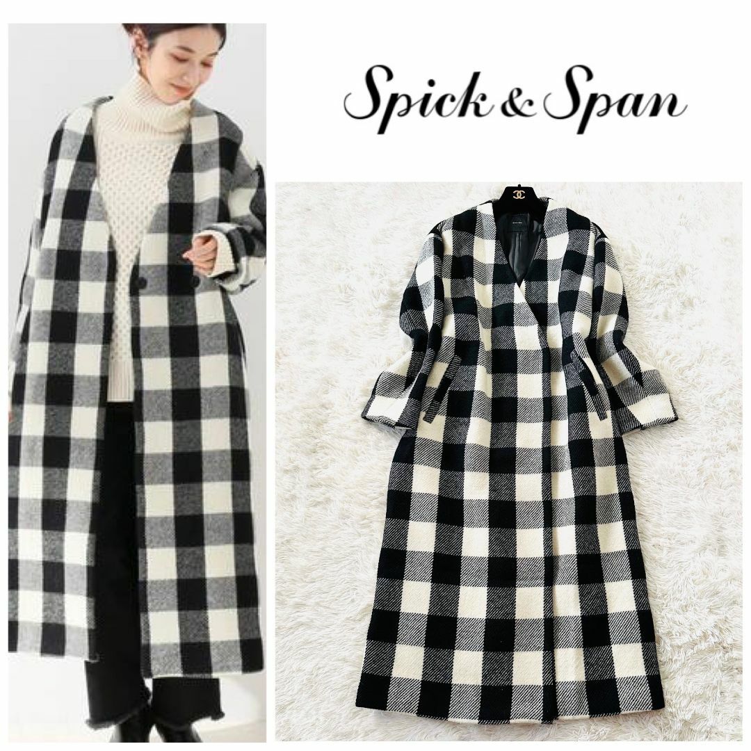 美品】Spick and Span ブロックチェック Vカラーロングコート38 美品】Spick and Span ブロックチェック Vカラーロングコート38