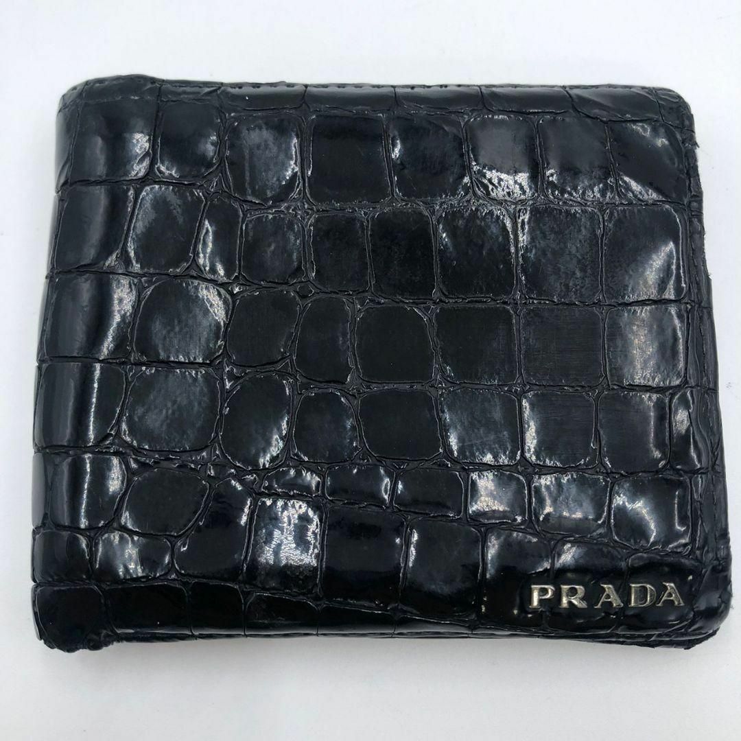 【 大人気 】 プラダ　シャイニング　クロコ　型押し　折り財布　黒　ロゴ金具 1