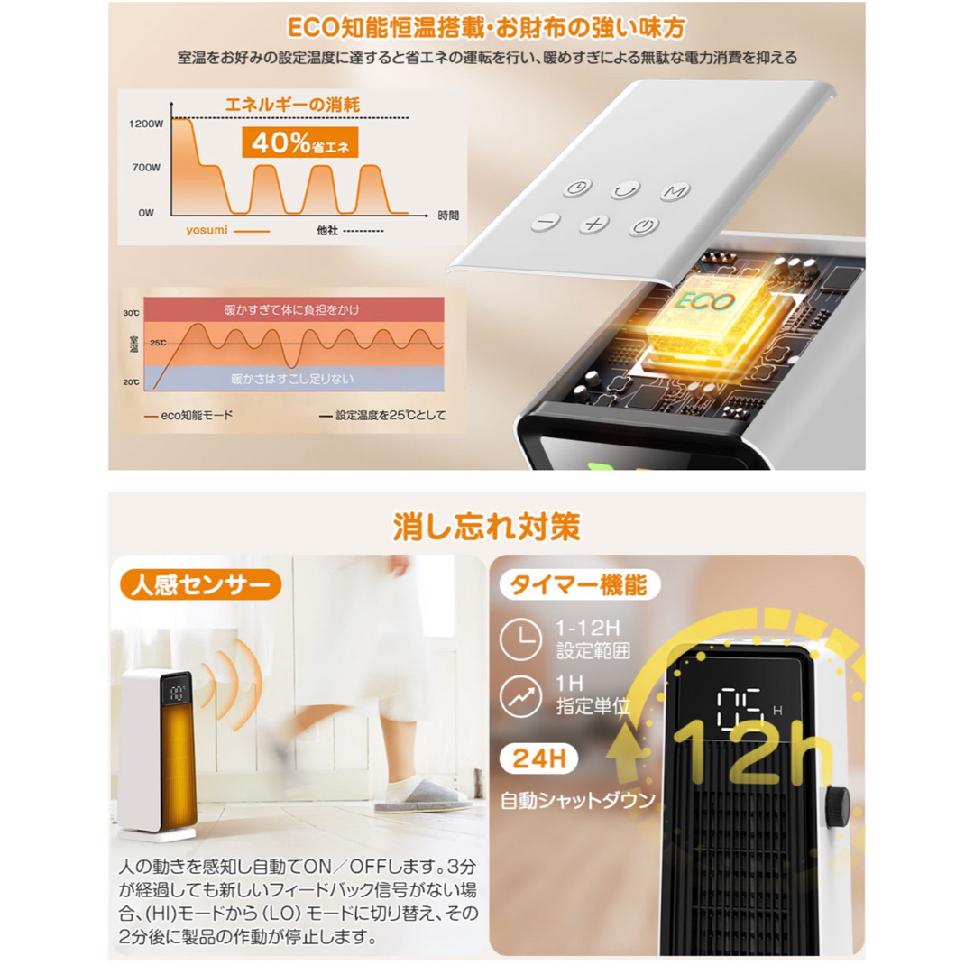 セラミックファンヒーター セラミックヒーター 人感センサー ECO知能恒温搭載 スマホ/家電/カメラの冷暖房/空調(ファンヒーター)の商品写真