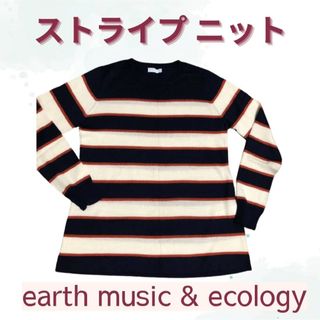 アースミュージックアンドエコロジー(earth music & ecology)のストライプ　ニット　薄手　横縞　洗濯可　Fサイズ　紺　(ニット/セーター)